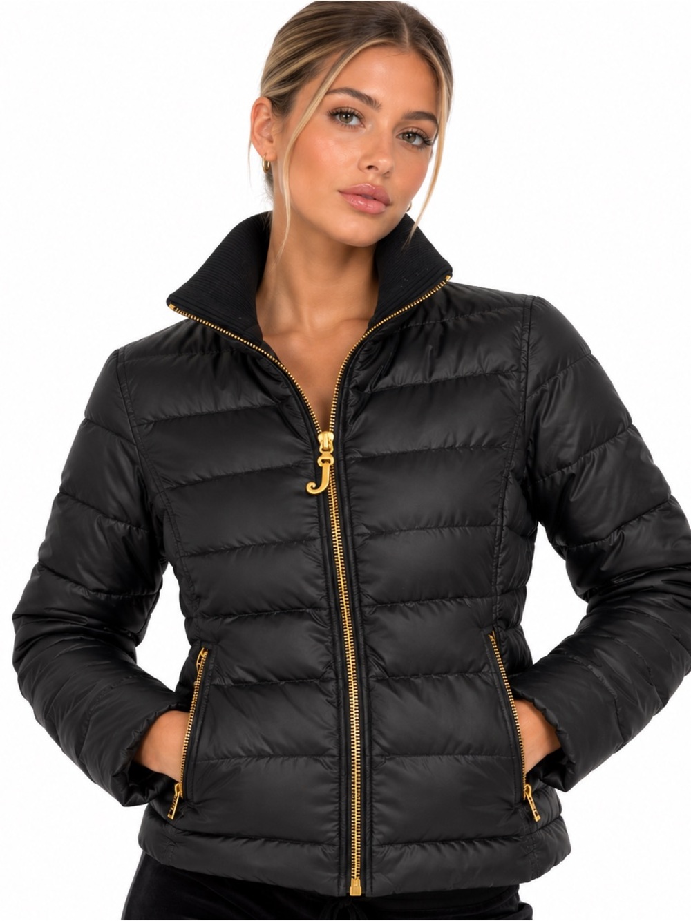 Juicy Couture Y2K Black Down Puffer Jacket Gold J Zipper XL 2000s